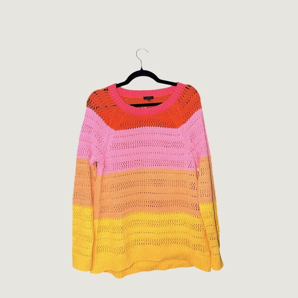 Talbots Sweater Colorblock Size M Pink Orange Yellow Cotton Open Knit Casual